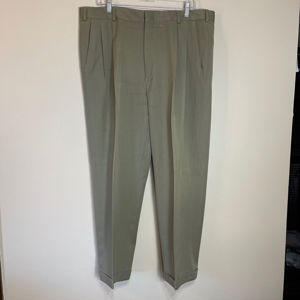 Brooks Brothers Mens 38x28 Wool Gabardine Pleated Cuffed Dress Pants Olive Khaki